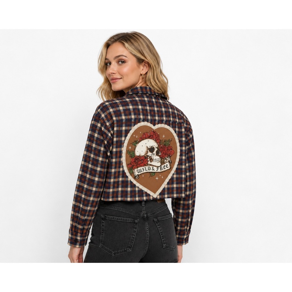 Upcycled Patagonia Oversized Flannel Shirt XL Cropped Wearable Art Skull Grunge